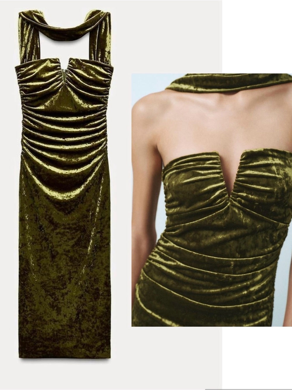 ZARA Olive Green Crushed Velvet Ruched Midi Dress Scarf Neck Size L NWT - Picture 2 of 16